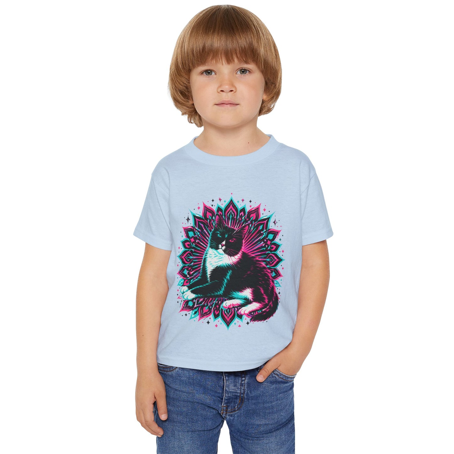 Toddler T‑Shirt — Retro Neon Cat on Mandala Graphic