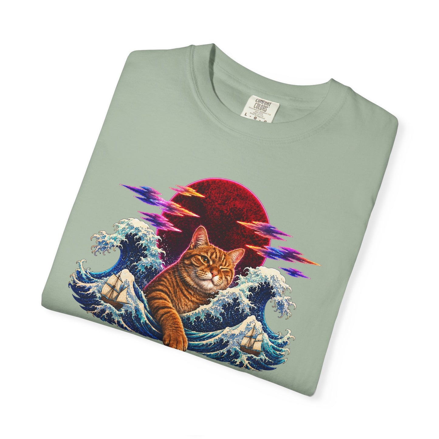 Cat Wave T-Shirt — Ginger Cat Surfing Ocean Waves with Red Sun Graphic