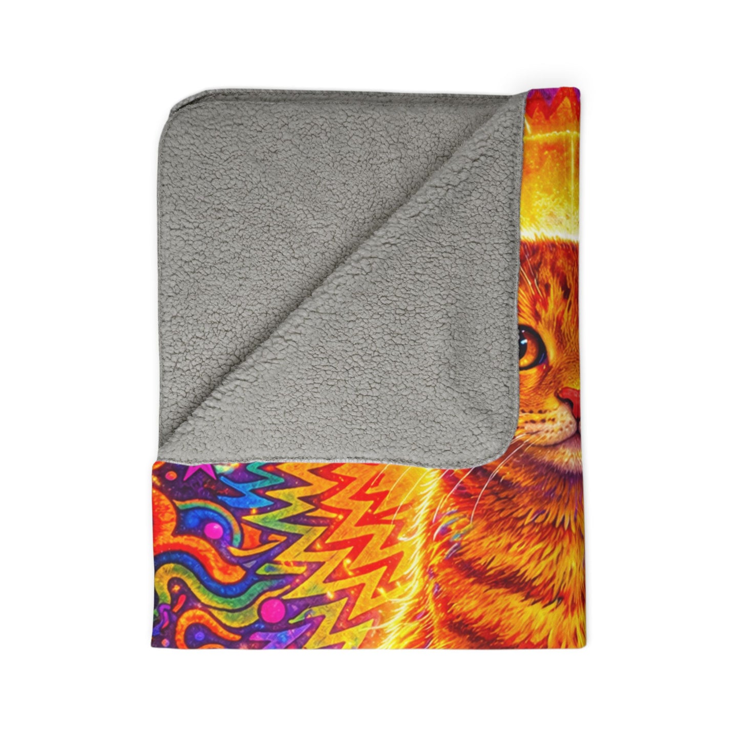 Psychedelic Sun Cat Sherpa Blanket — Vibrant Orange Tabby Fleece Throw