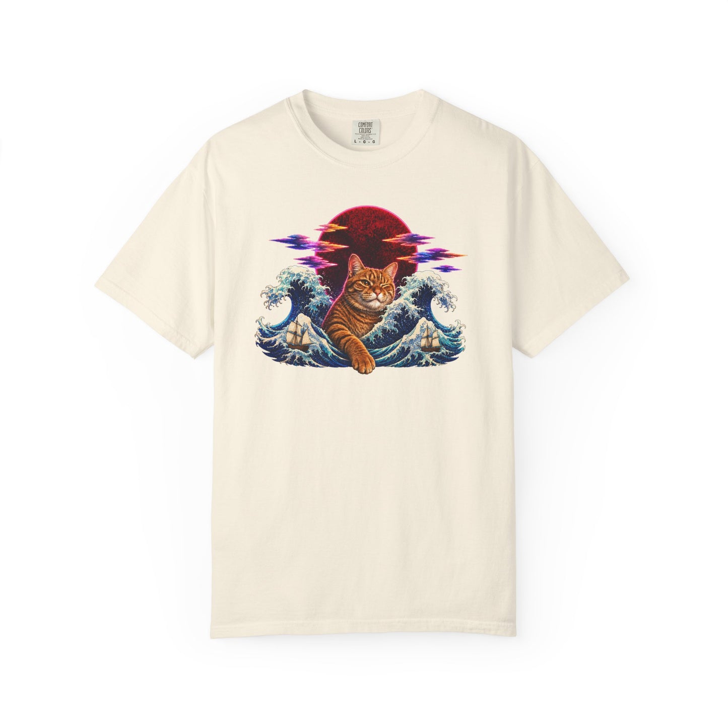 Cat Wave T-Shirt — Ginger Cat Surfing Ocean Waves with Red Sun Graphic