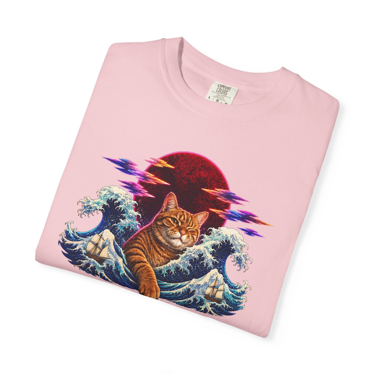 Cat Wave T-Shirt — Ginger Cat Surfing Ocean Waves with Red Sun Graphic