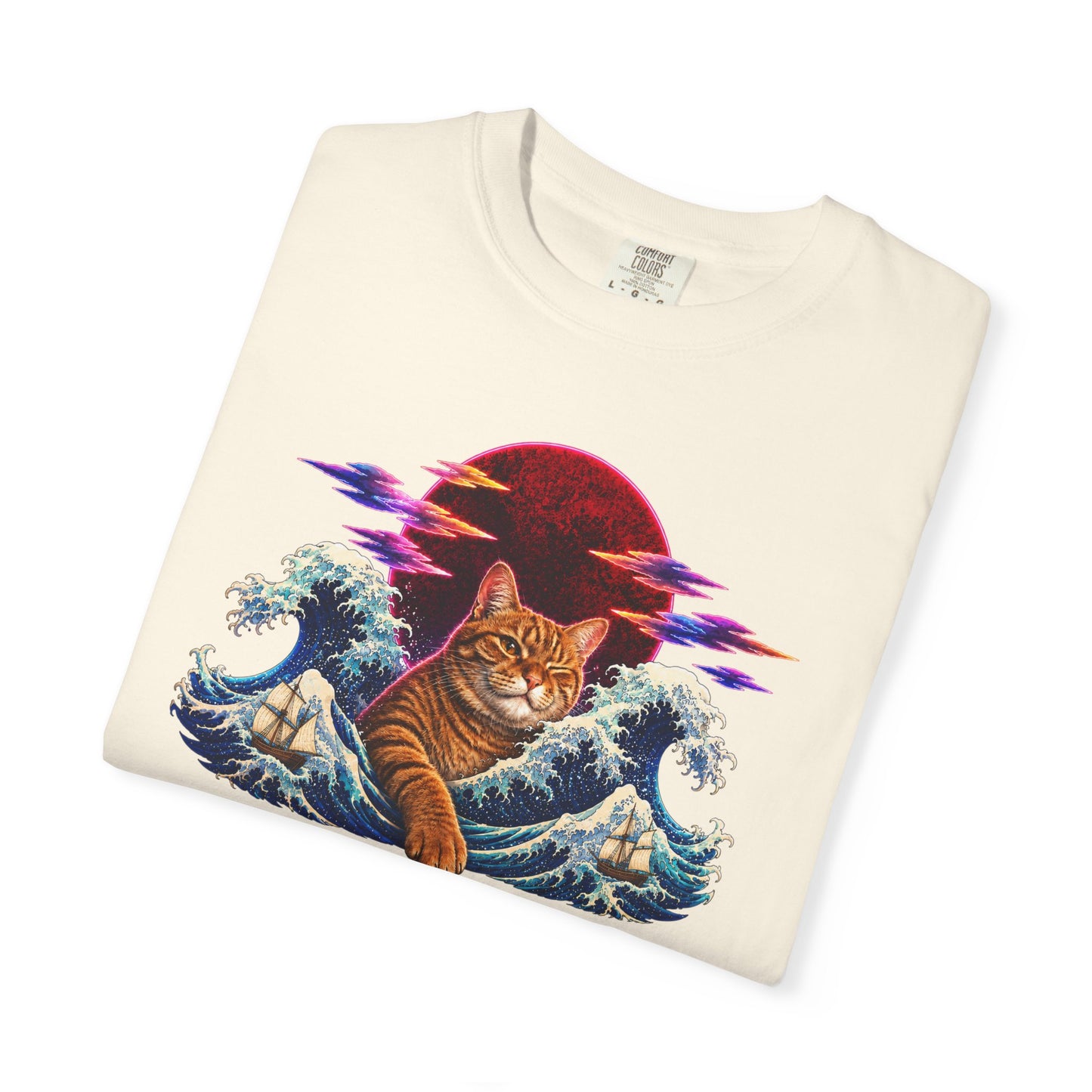 Cat Wave T-Shirt — Ginger Cat Surfing Ocean Waves with Red Sun Graphic