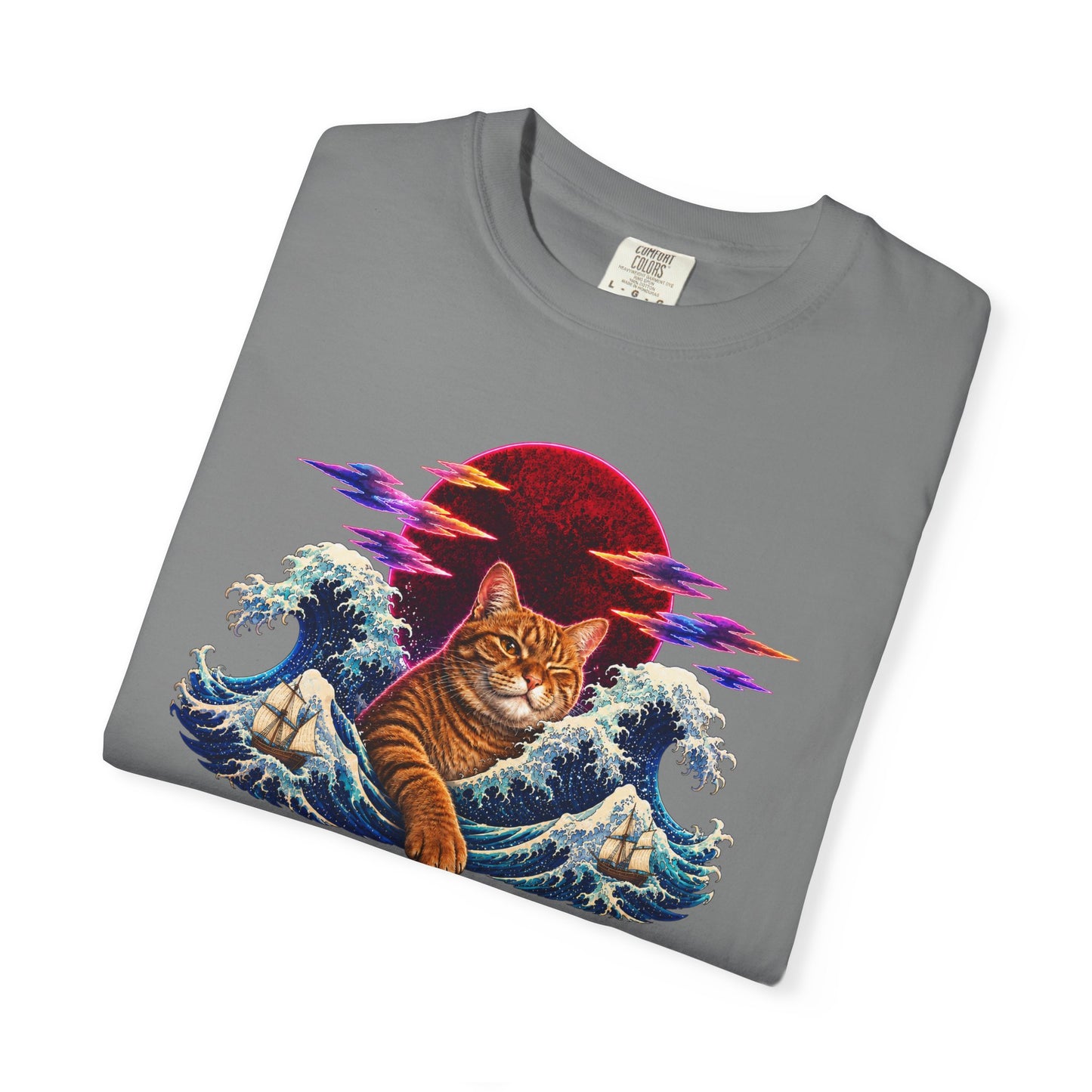 Cat Wave T-Shirt — Ginger Cat Surfing Ocean Waves with Red Sun Graphic