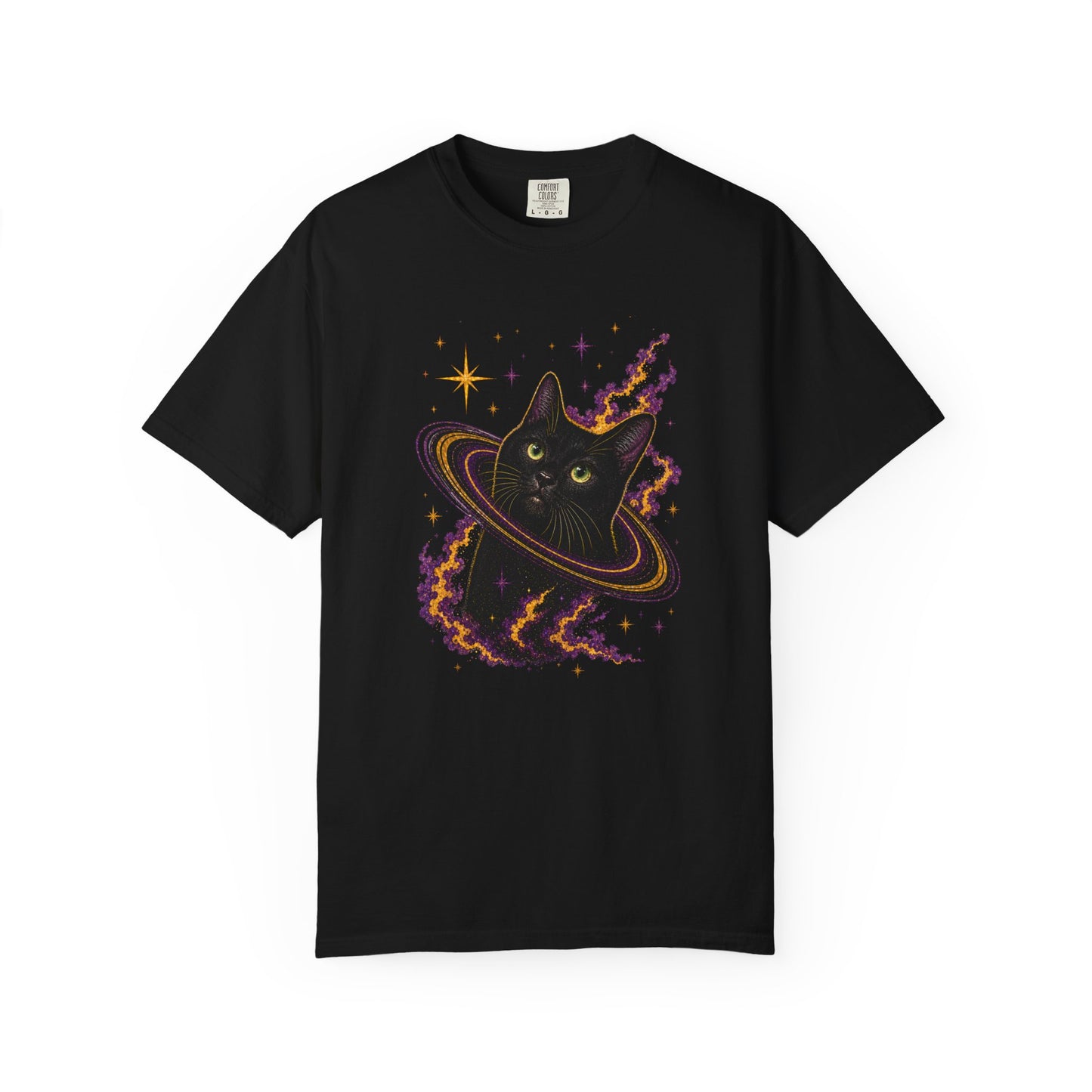 Cosmic Cat T-Shirt — Black Cat Saturn Galaxy Tee