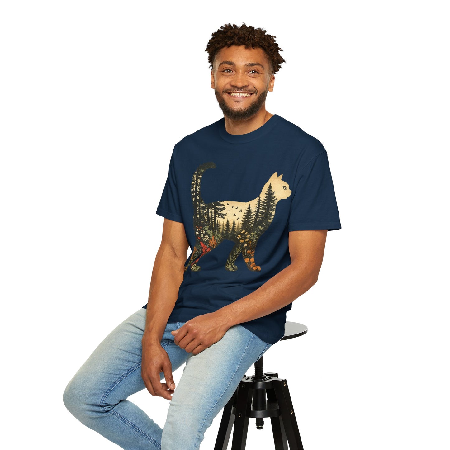 Cat Silhouette Tee — Forest Landscape Double Exposure Shirt