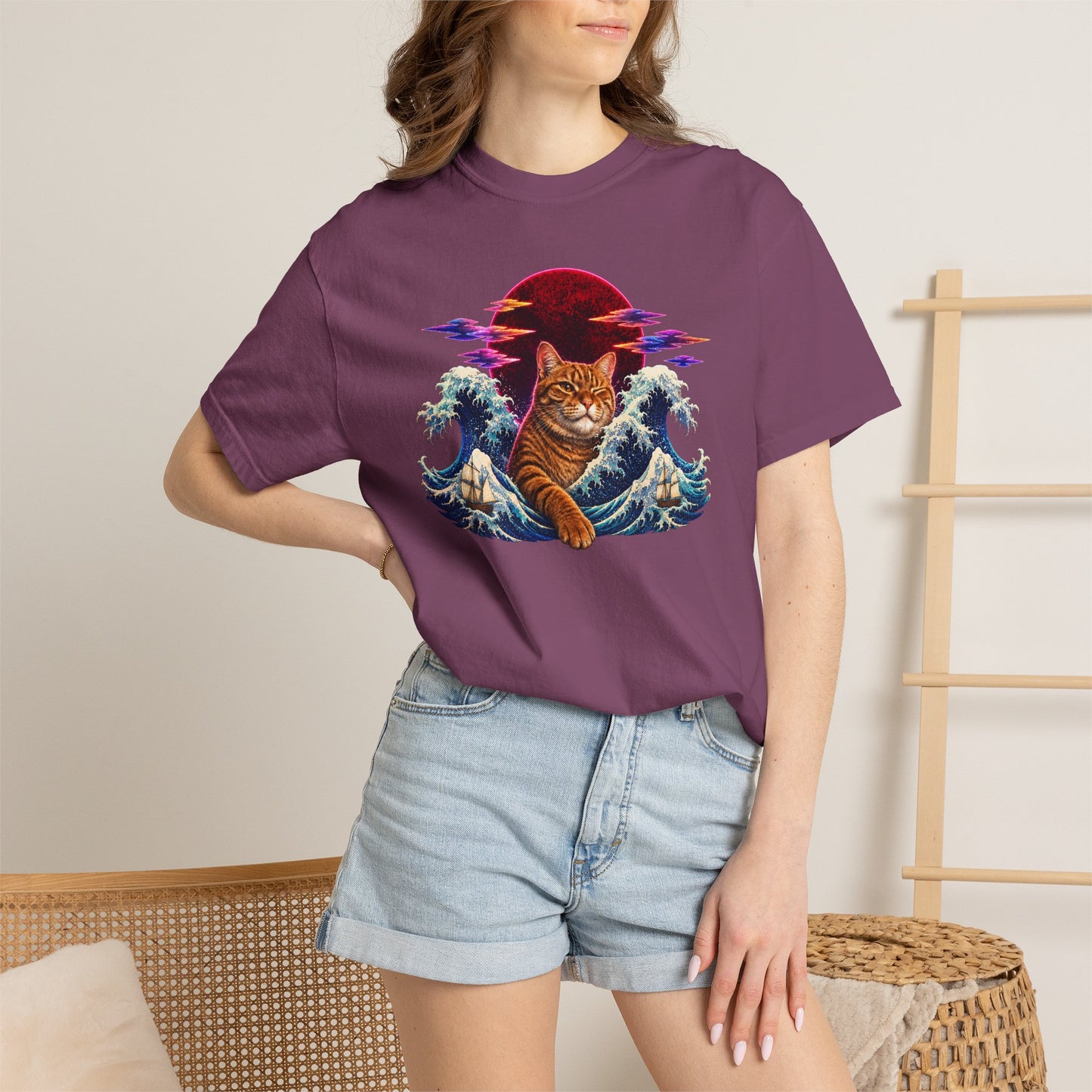Cat Wave T-Shirt — Ginger Cat Surfing Ocean Waves with Red Sun Graphic