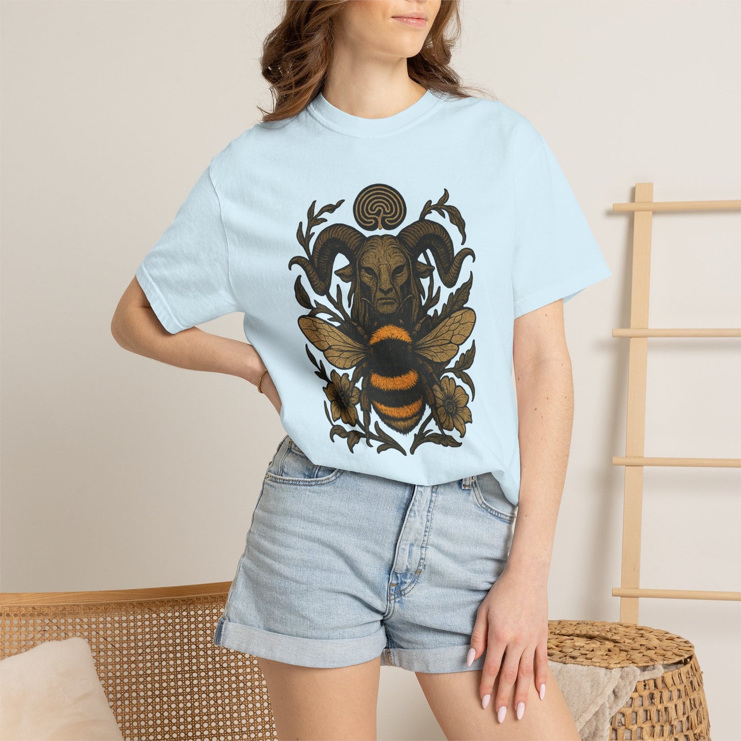 Bee & Horned Goat Graphic T-Shirt — Mystical Nature Illustration