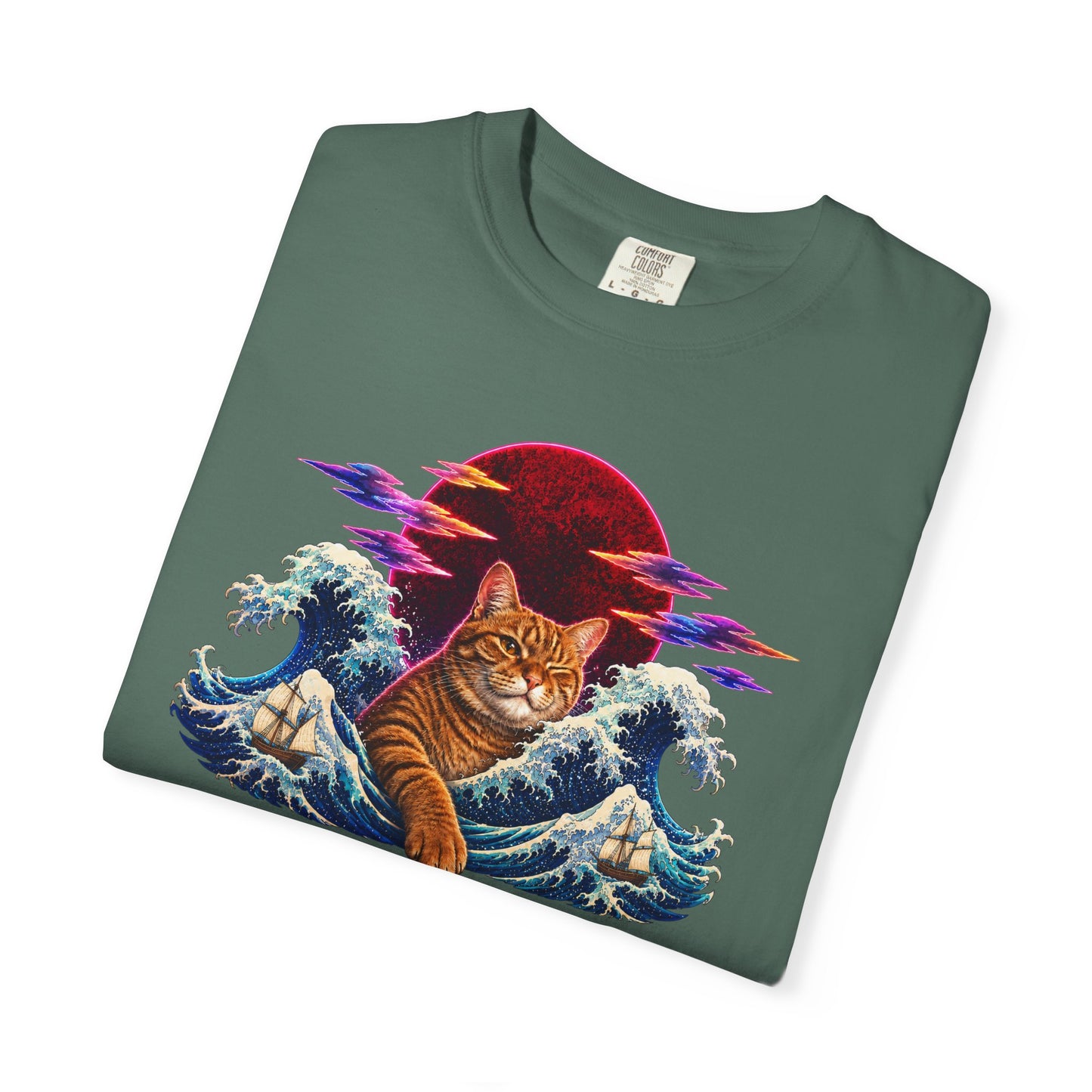 Cat Wave T-Shirt — Ginger Cat Surfing Ocean Waves with Red Sun Graphic