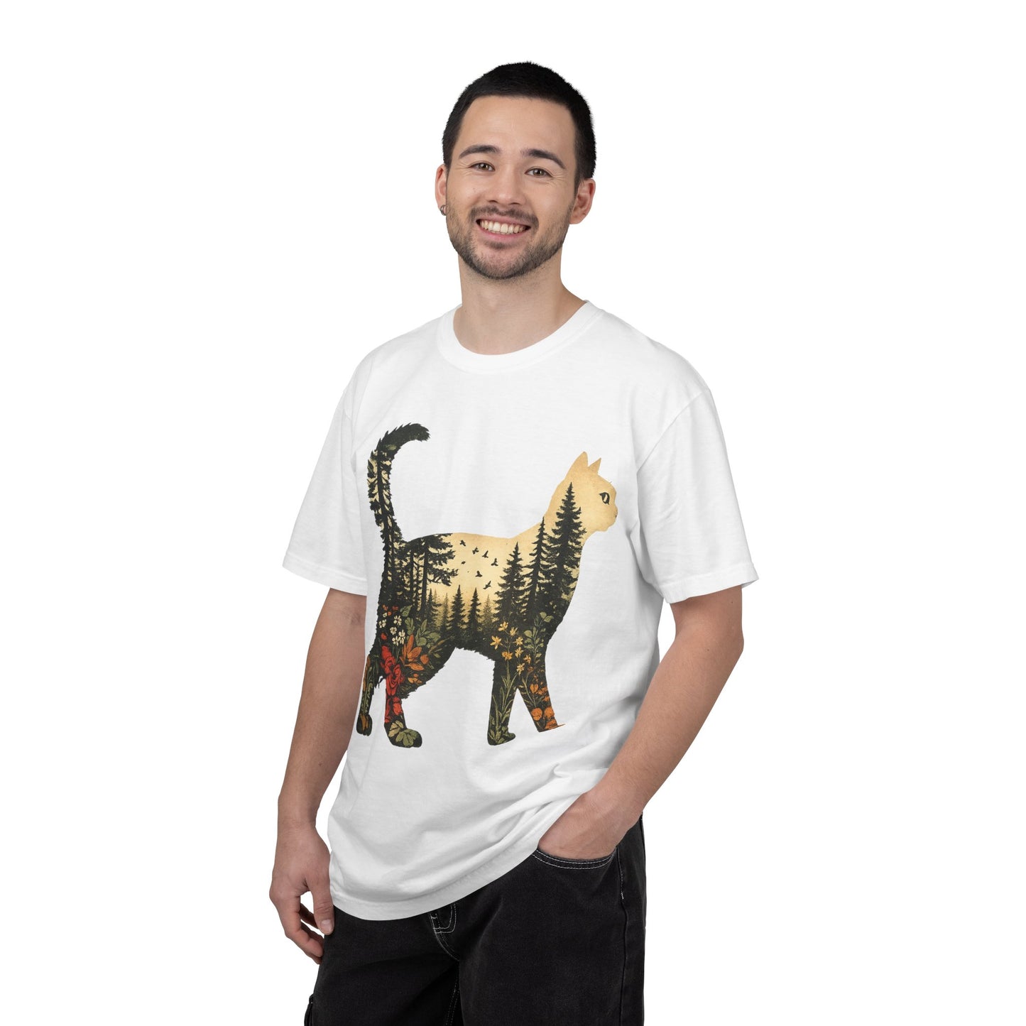 Cat Silhouette Tee — Forest Landscape Double Exposure Shirt