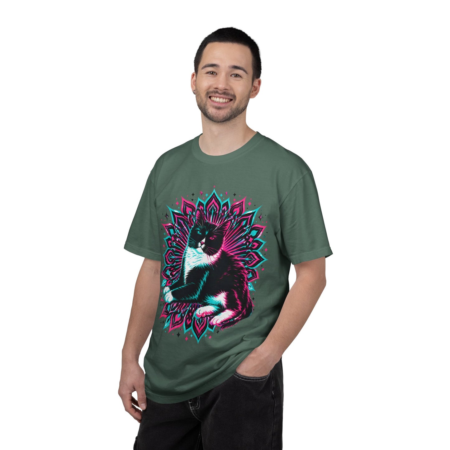 Vintage 3D Tuxedo Cat T-Shirt — Retro Neon Cat Graphic Tee