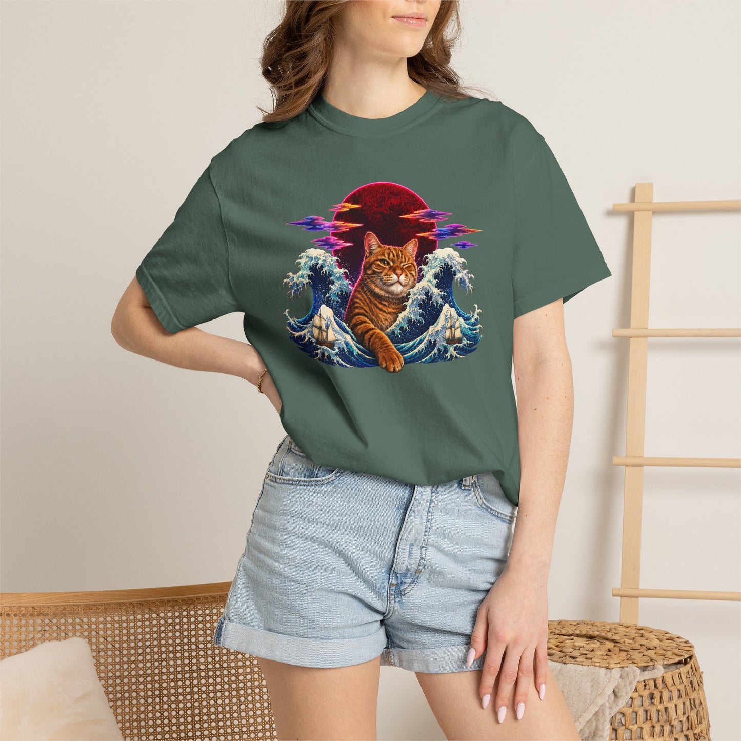 Cat Wave T-Shirt — Ginger Cat Surfing Ocean Waves with Red Sun Graphic