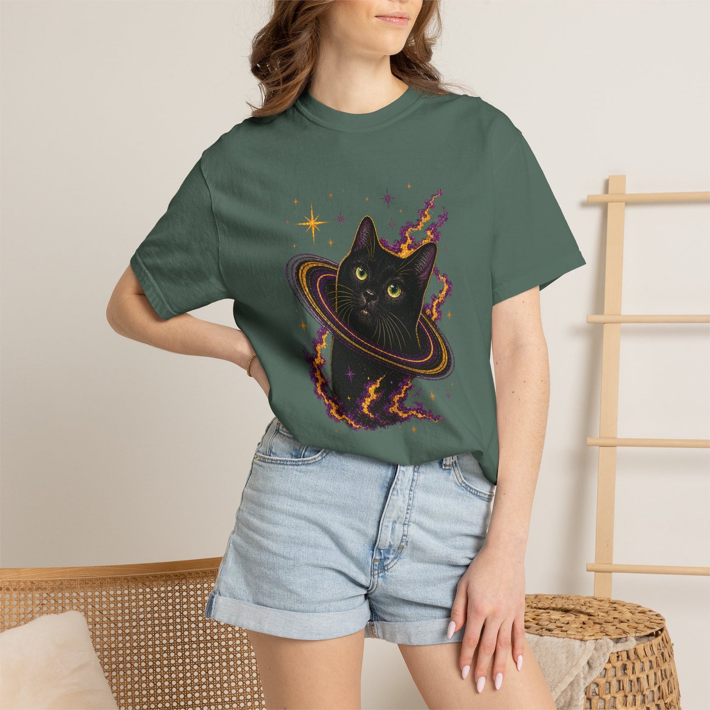 Cosmic Cat T-Shirt — Black Cat Saturn Galaxy Tee