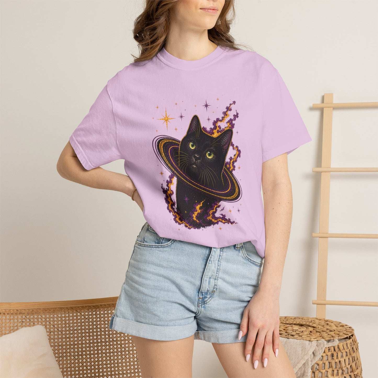 Cosmic Cat T-Shirt — Black Cat Saturn Galaxy Tee
