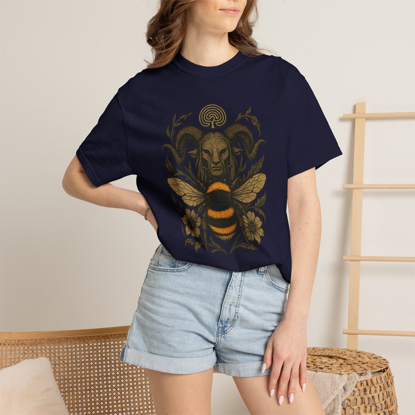 Bee & Horned Goat Graphic T-Shirt — Mystical Nature Illustration