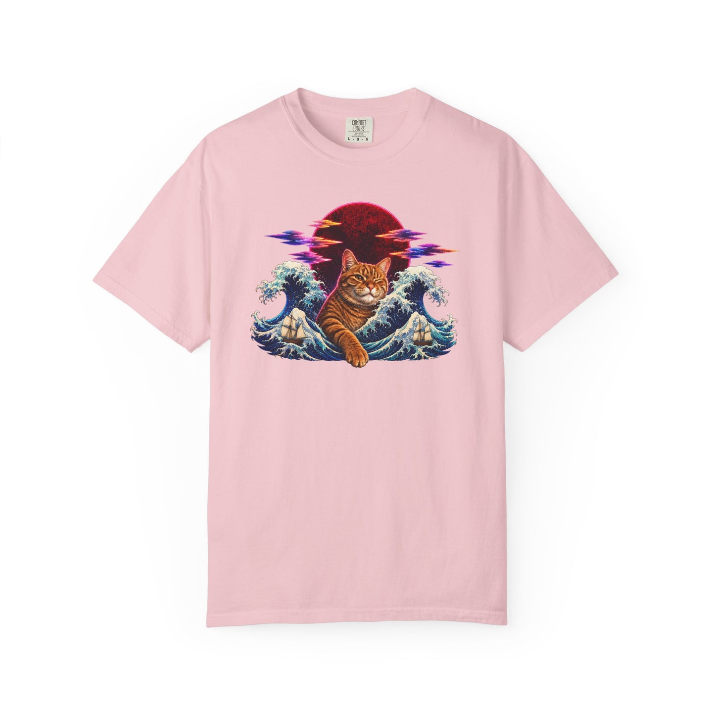 Cat Wave T-Shirt — Ginger Cat Surfing Ocean Waves with Red Sun Graphic