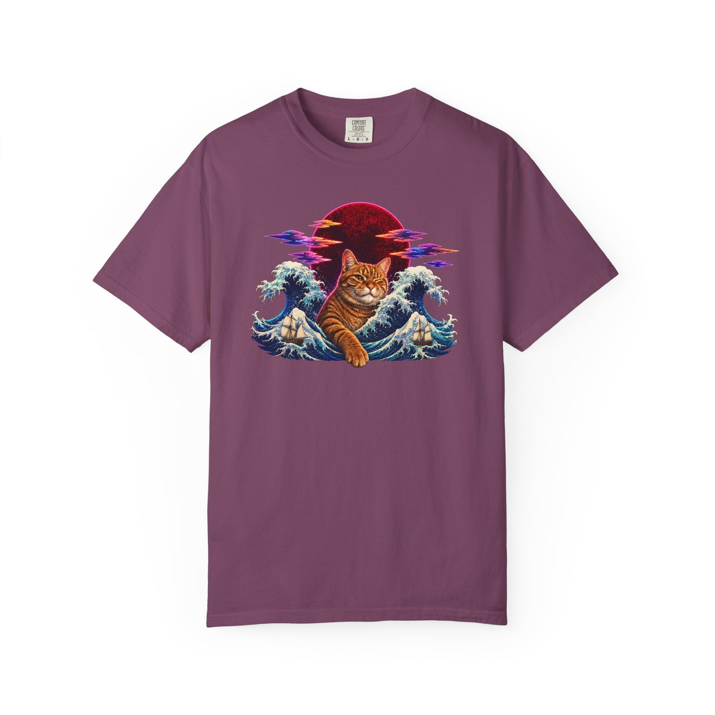 Cat Wave T-Shirt — Ginger Cat Surfing Ocean Waves with Red Sun Graphic