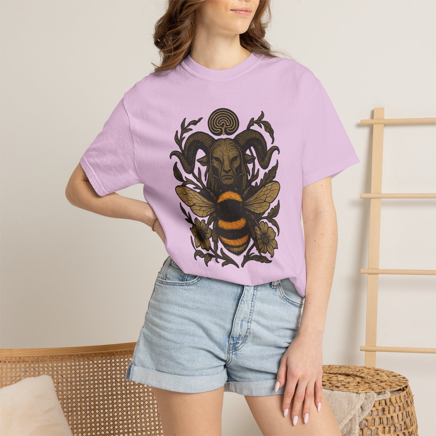 Bee & Horned Goat Graphic T-Shirt — Mystical Nature Illustration