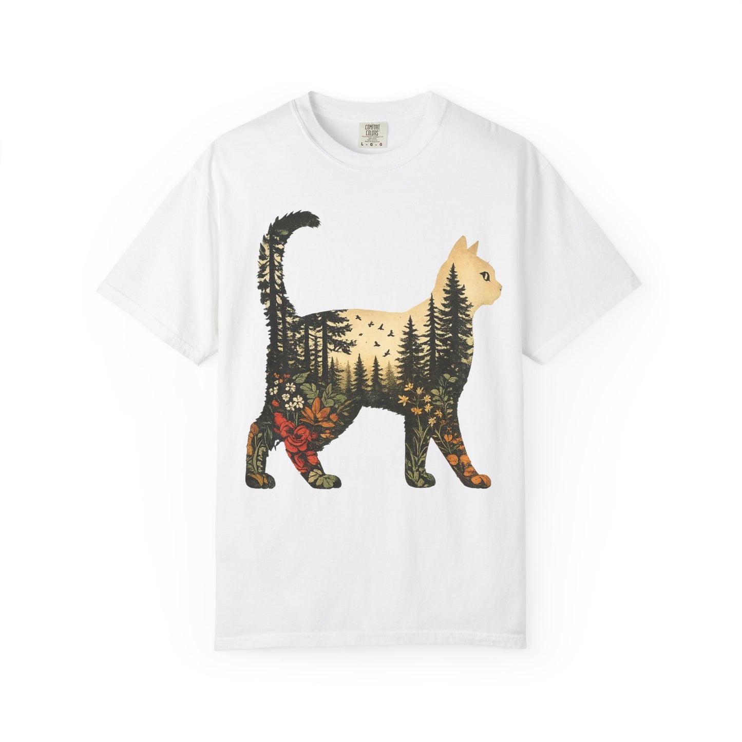 Cat Silhouette Tee — Forest Landscape Double Exposure Shirt