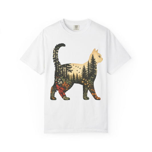 Cat Silhouette Tee — Forest Landscape Double Exposure Shirt