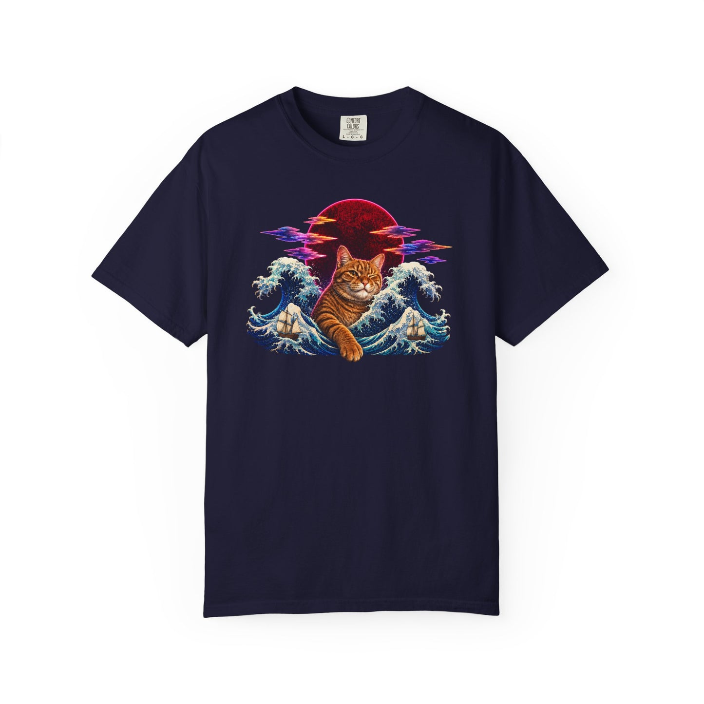 Cat Wave T-Shirt — Ginger Cat Surfing Ocean Waves with Red Sun Graphic