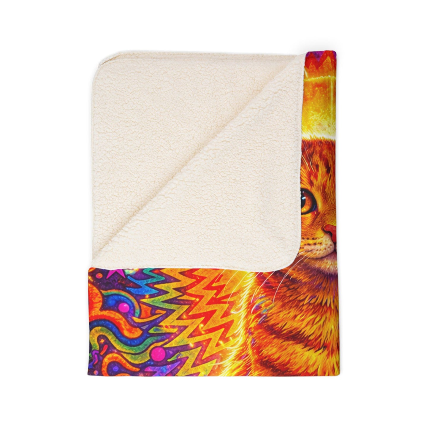 Psychedelic Sun Cat Sherpa Blanket — Vibrant Orange Tabby Fleece Throw