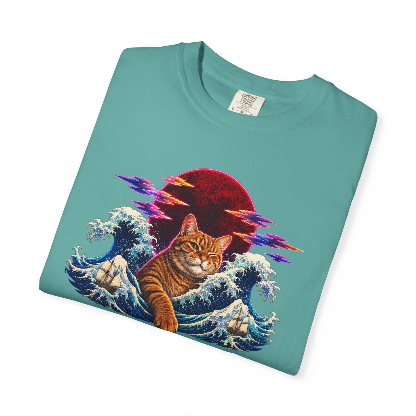 Cat Wave T-Shirt — Ginger Cat Surfing Ocean Waves with Red Sun Graphic