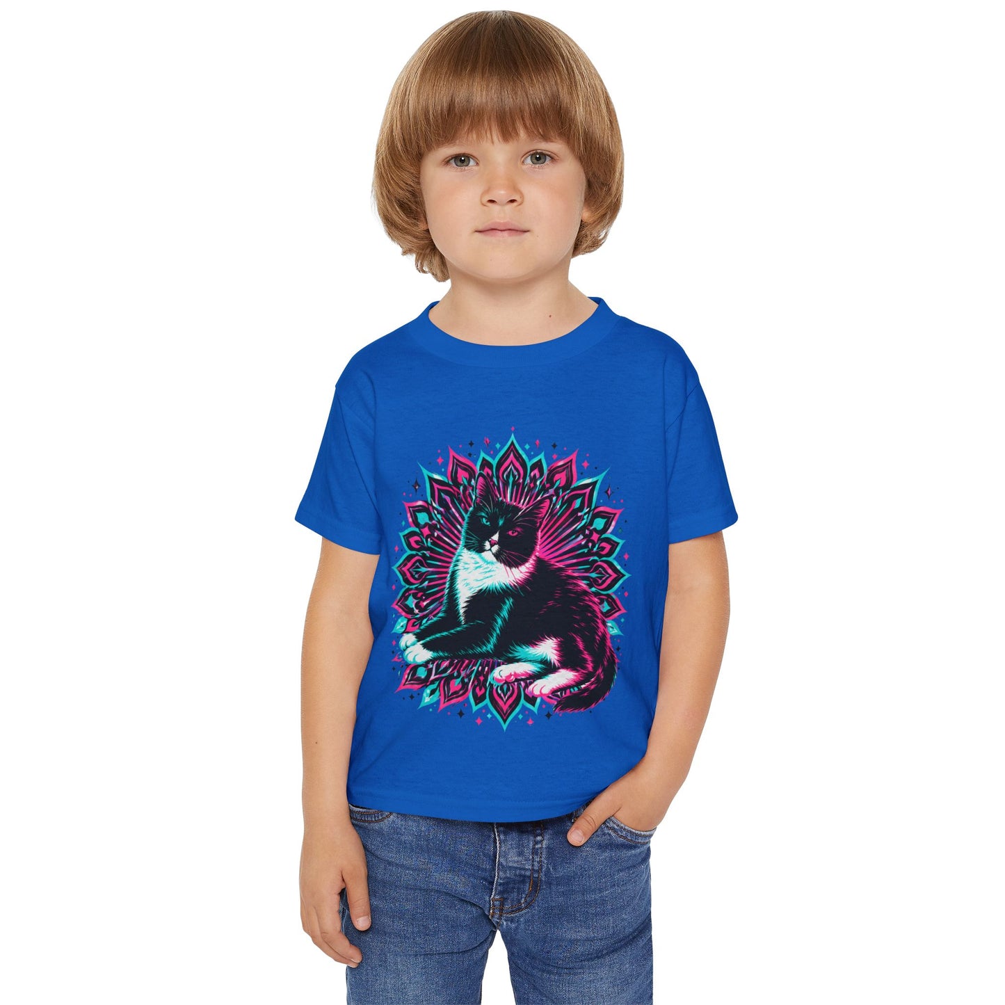 Toddler T‑Shirt — Retro Neon Cat on Mandala Graphic