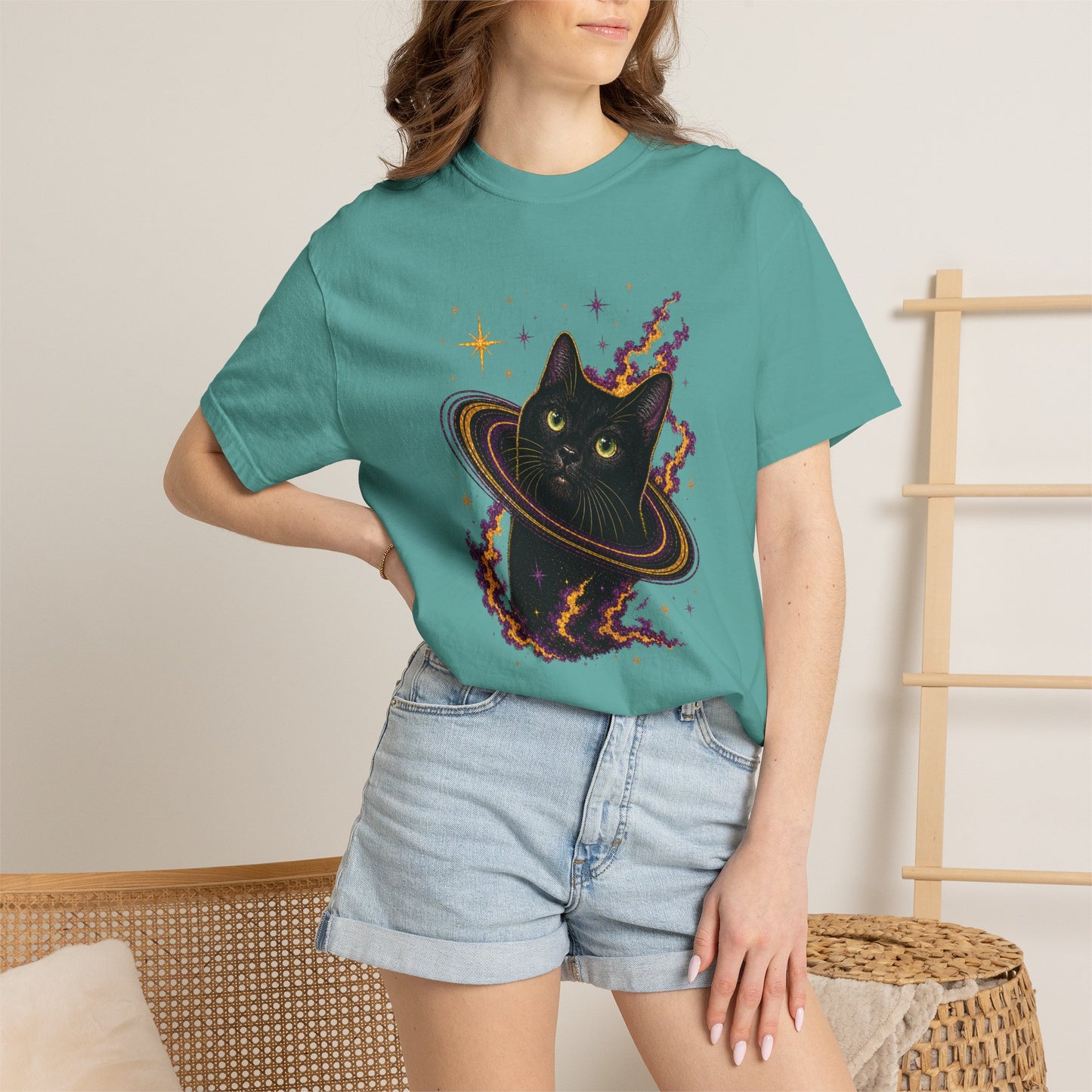 Cosmic Cat T-Shirt — Black Cat Saturn Galaxy Tee