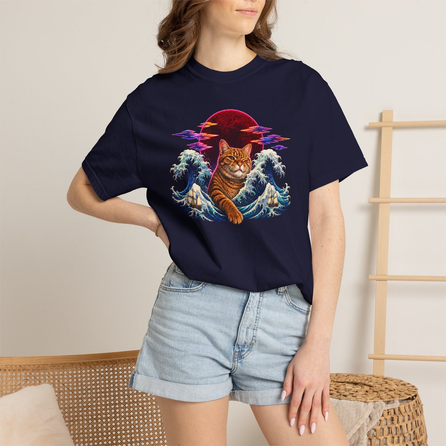 Cat Wave T-Shirt — Ginger Cat Surfing Ocean Waves with Red Sun Graphic