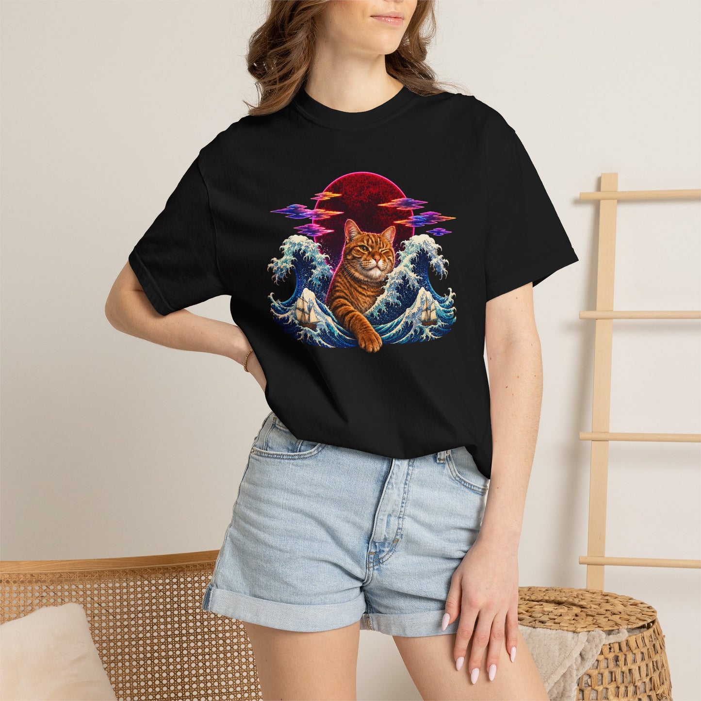 Cat Wave T-Shirt — Ginger Cat Surfing Ocean Waves with Red Sun Graphic