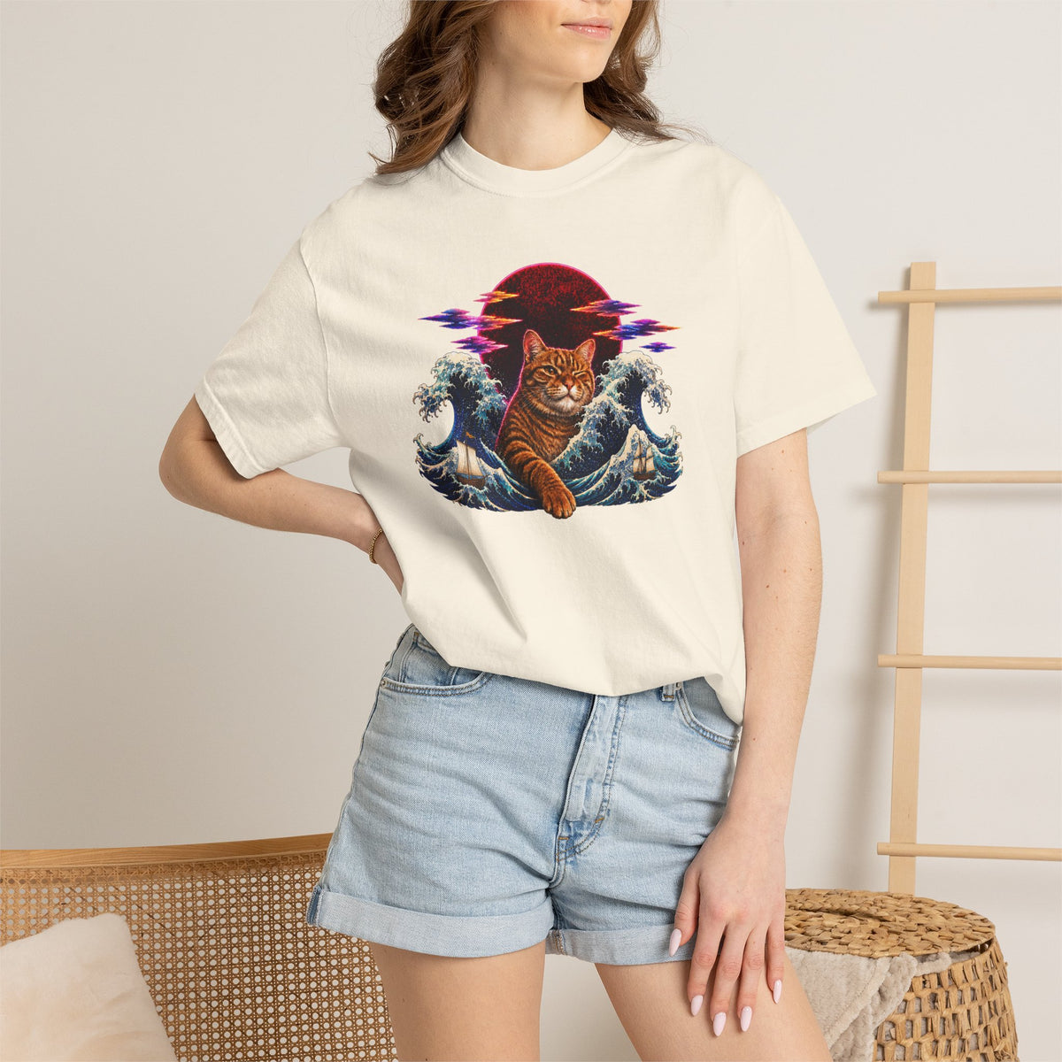 Cat Wave T-Shirt — Retro Sunset Cat Surf Graphic Tee