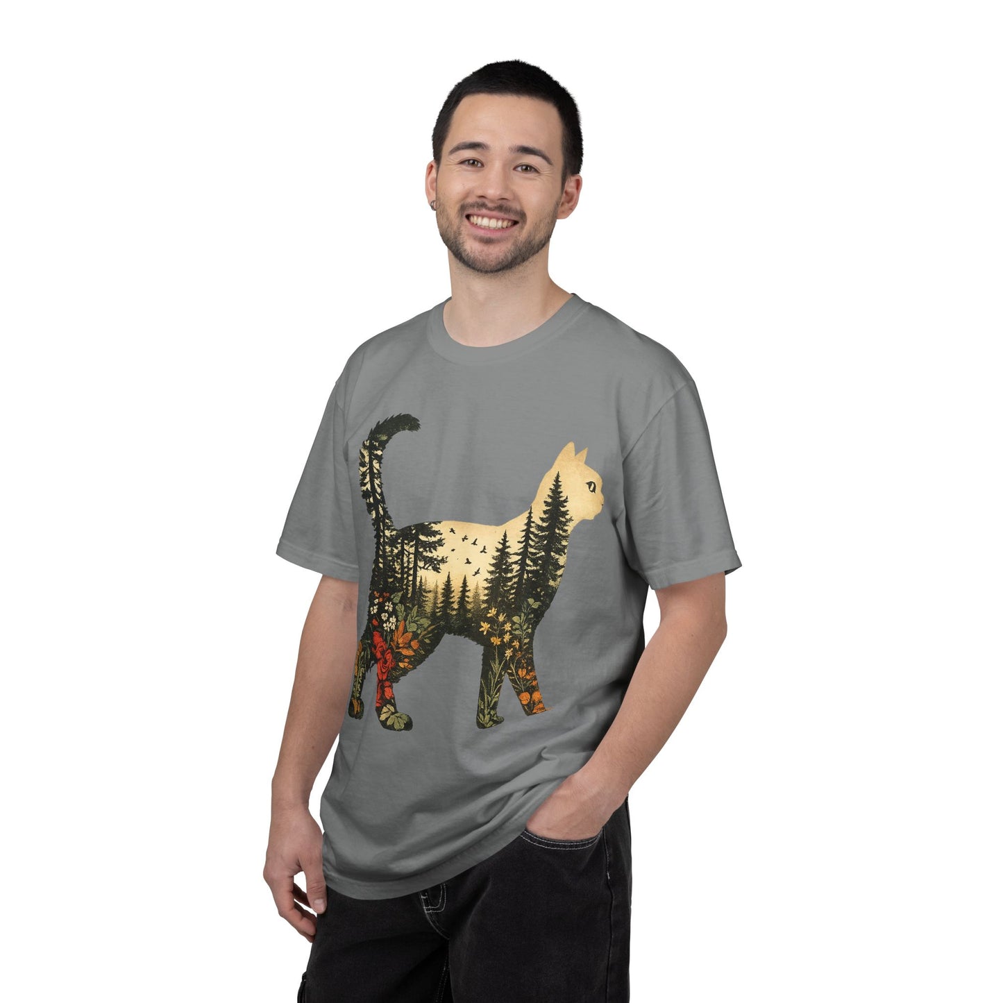 Cat Silhouette Tee — Forest Landscape Double Exposure Shirt