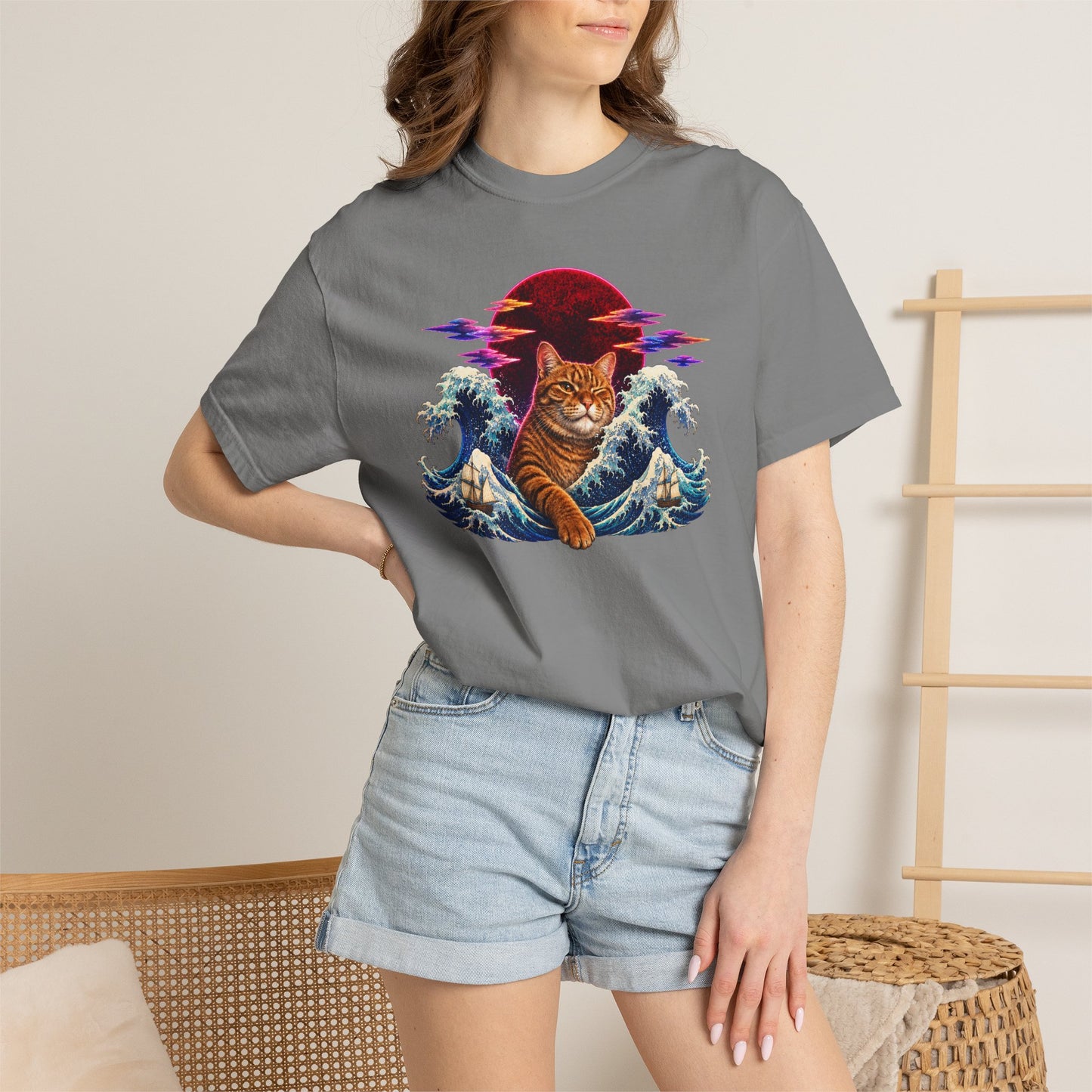 Cat Wave T-Shirt — Ginger Cat Surfing Ocean Waves with Red Sun Graphic