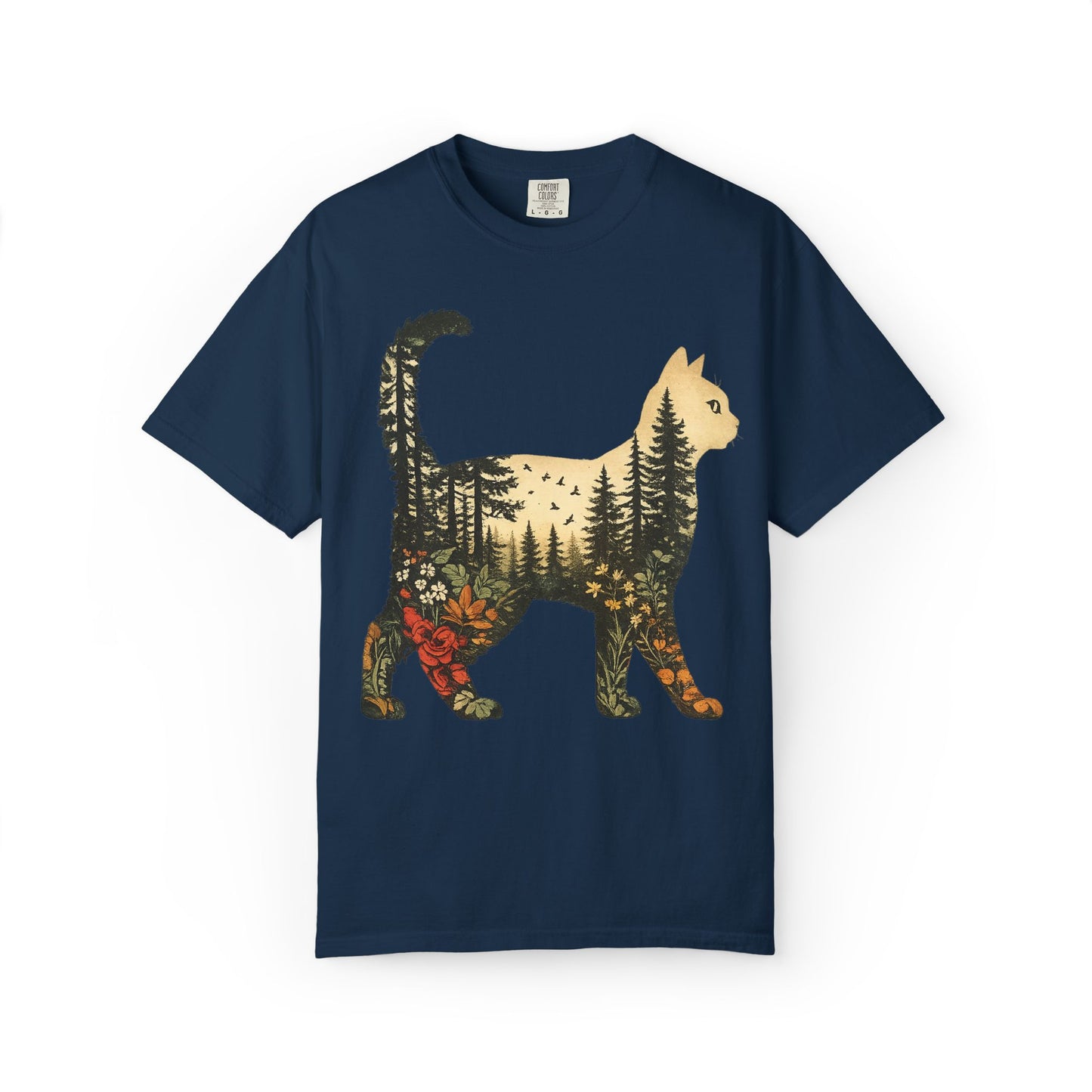 Cat Silhouette Tee — Forest Landscape Double Exposure Shirt