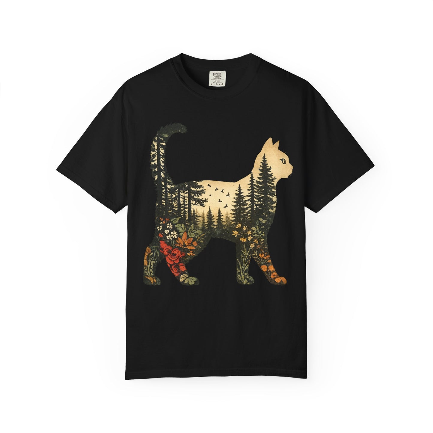 Cat Silhouette Tee — Forest Landscape Double Exposure Shirt
