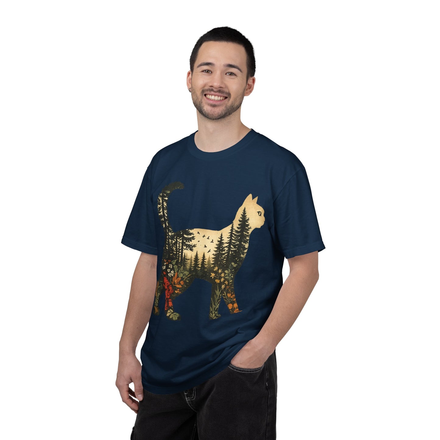 Cat Silhouette Tee — Forest Landscape Double Exposure Shirt