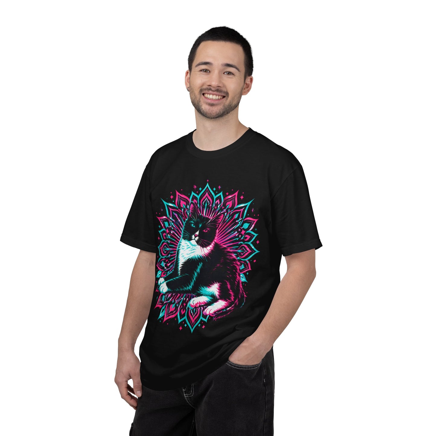 Vintage 3D Tuxedo Cat T-Shirt — Retro Neon Cat Graphic Tee