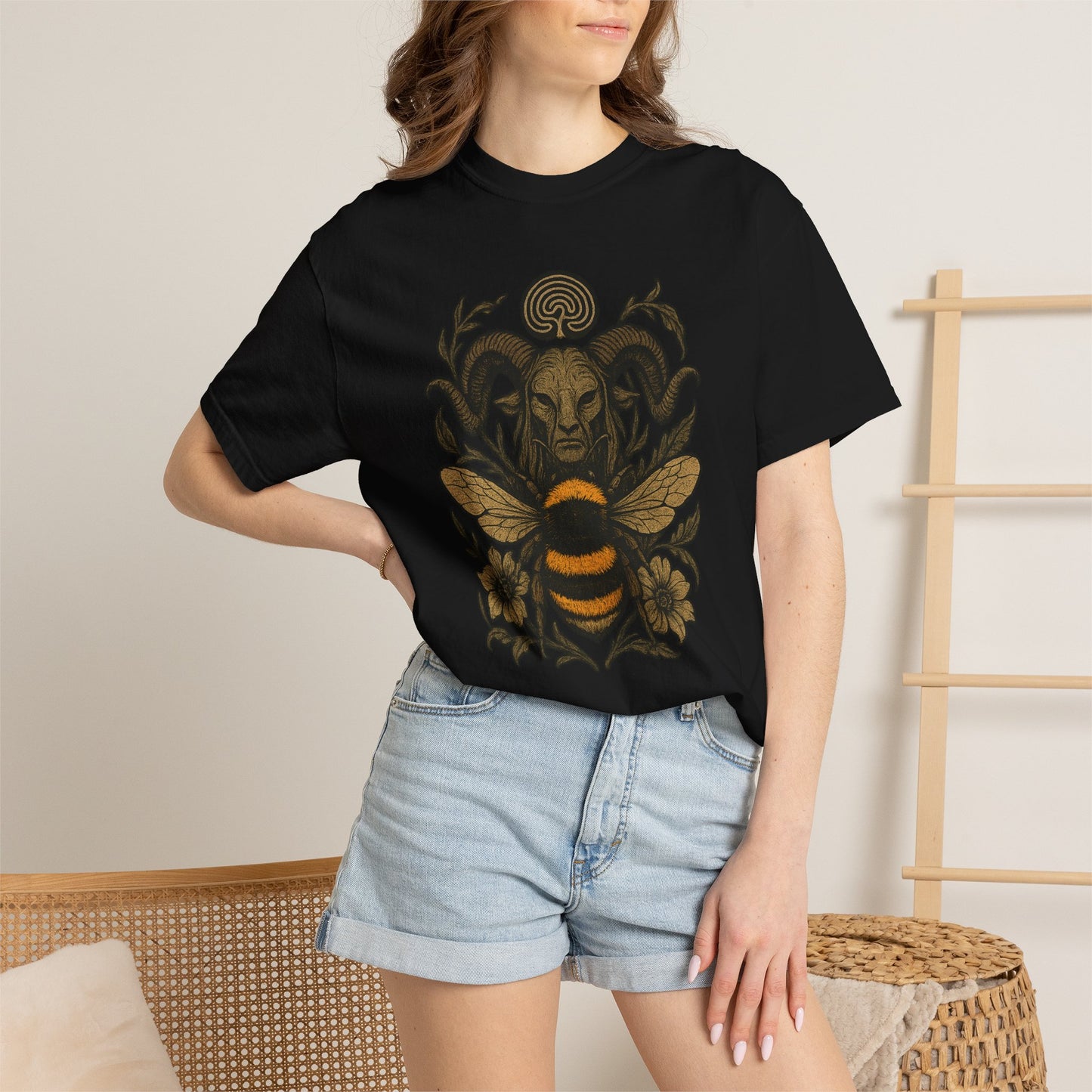 Bee & Horned Goat Graphic T-Shirt — Mystical Nature Illustration