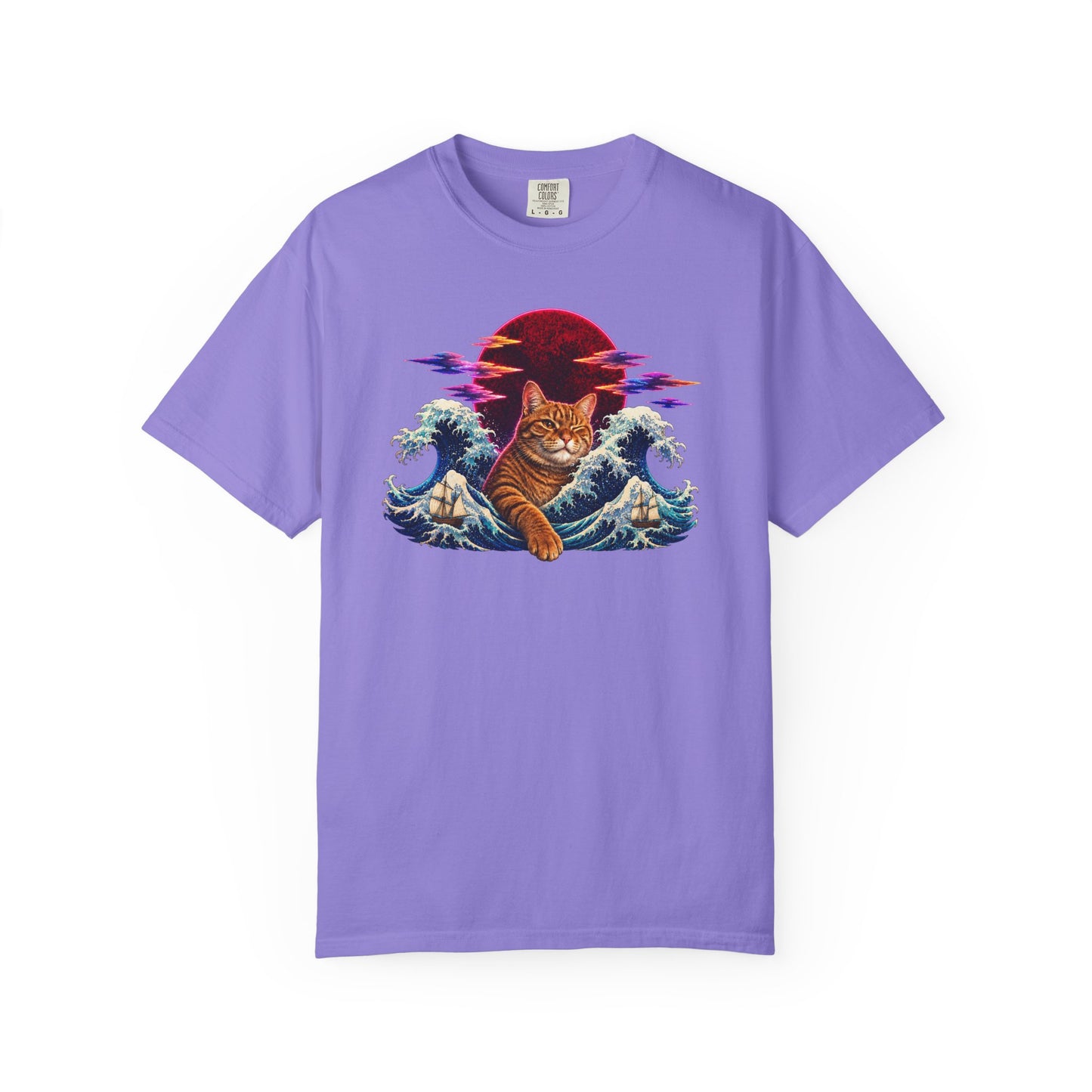 Cat Wave T-Shirt — Ginger Cat Surfing Ocean Waves with Red Sun Graphic