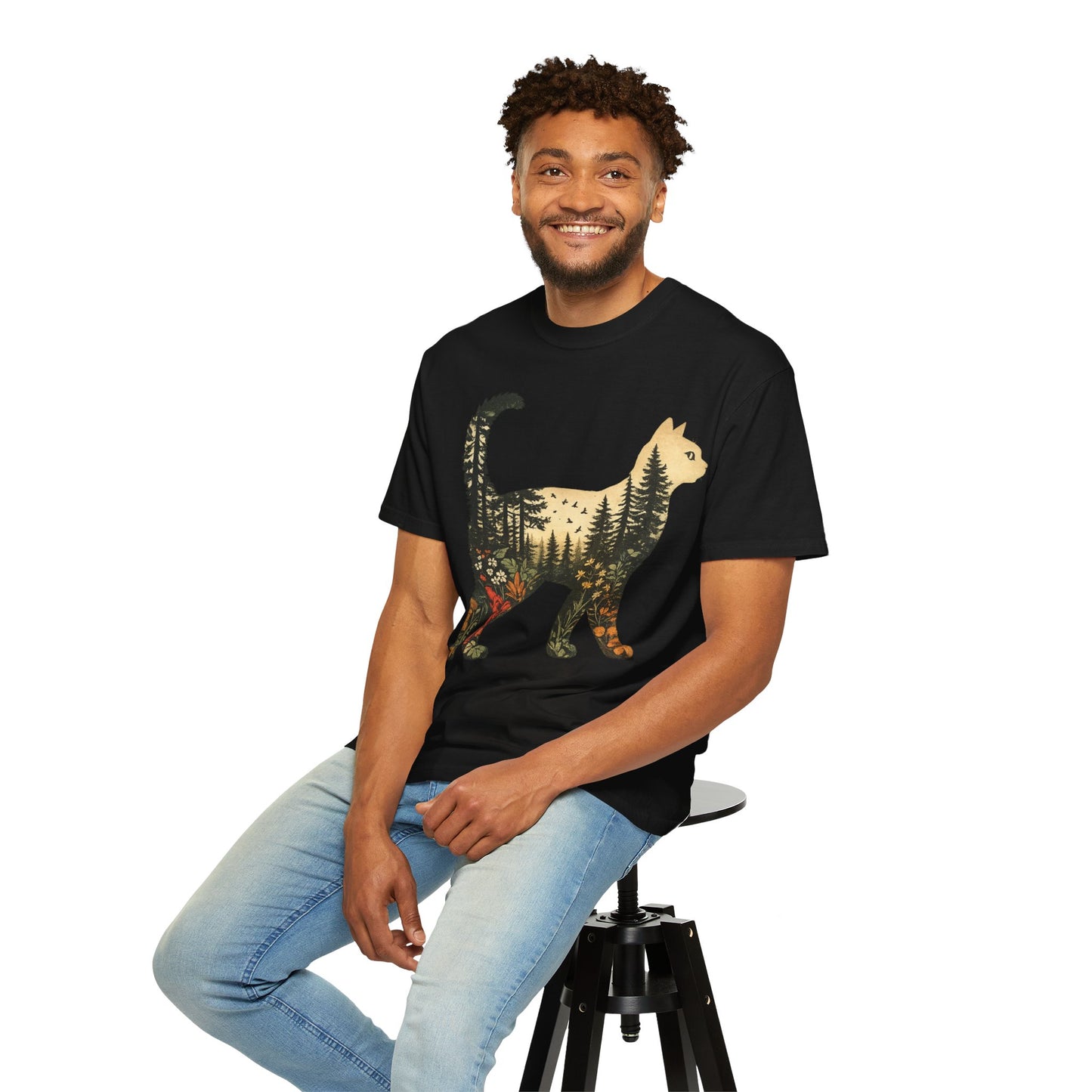 Cat Silhouette Tee — Forest Landscape Double Exposure Shirt