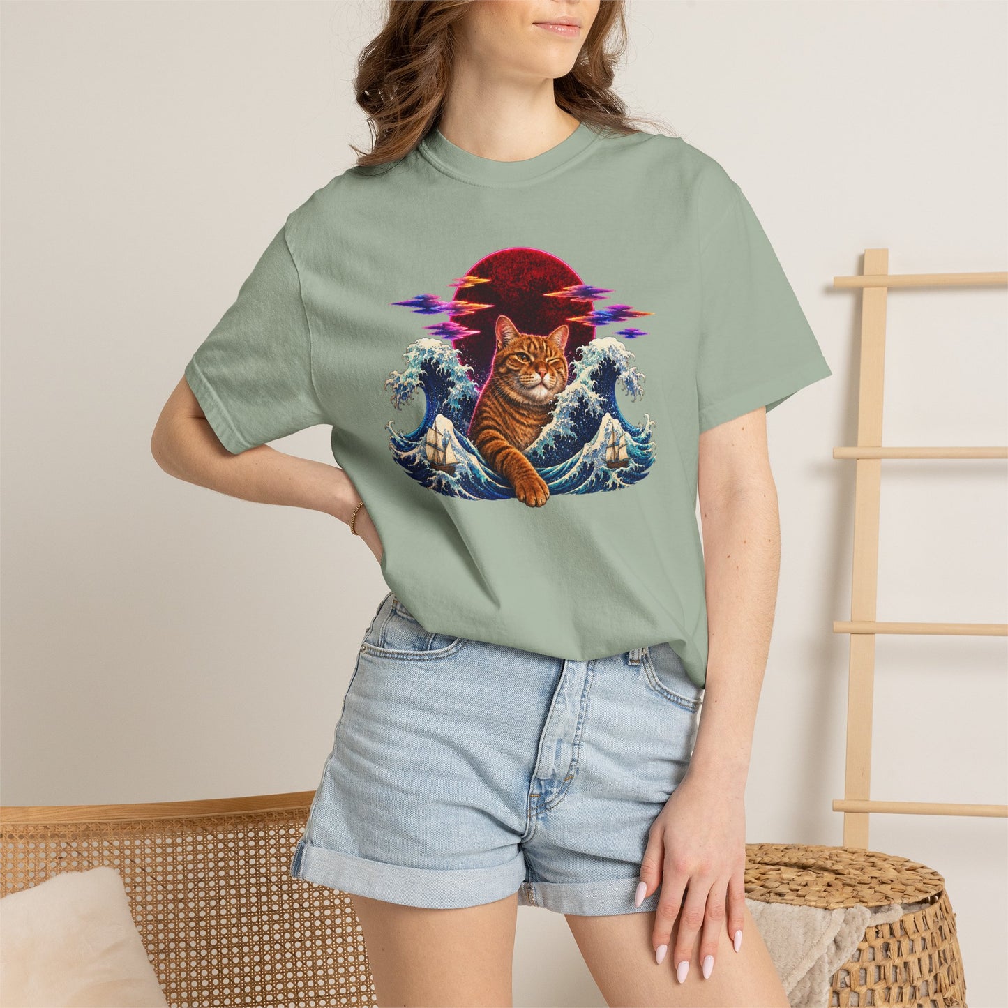 Cat Wave T-Shirt — Ginger Cat Surfing Ocean Waves with Red Sun Graphic