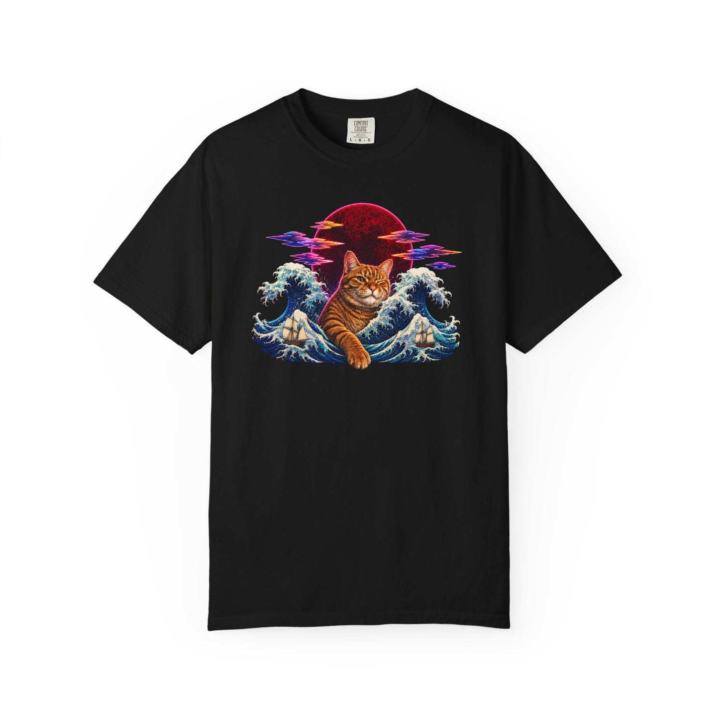 Cat Wave T-Shirt — Ginger Cat Surfing Ocean Waves with Red Sun Graphic