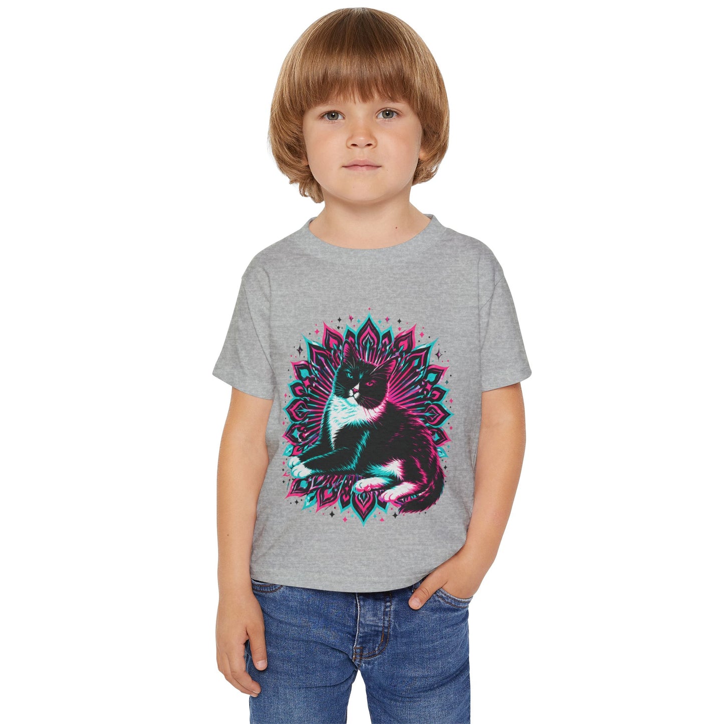 Toddler T‑Shirt — Retro Neon Cat on Mandala Graphic