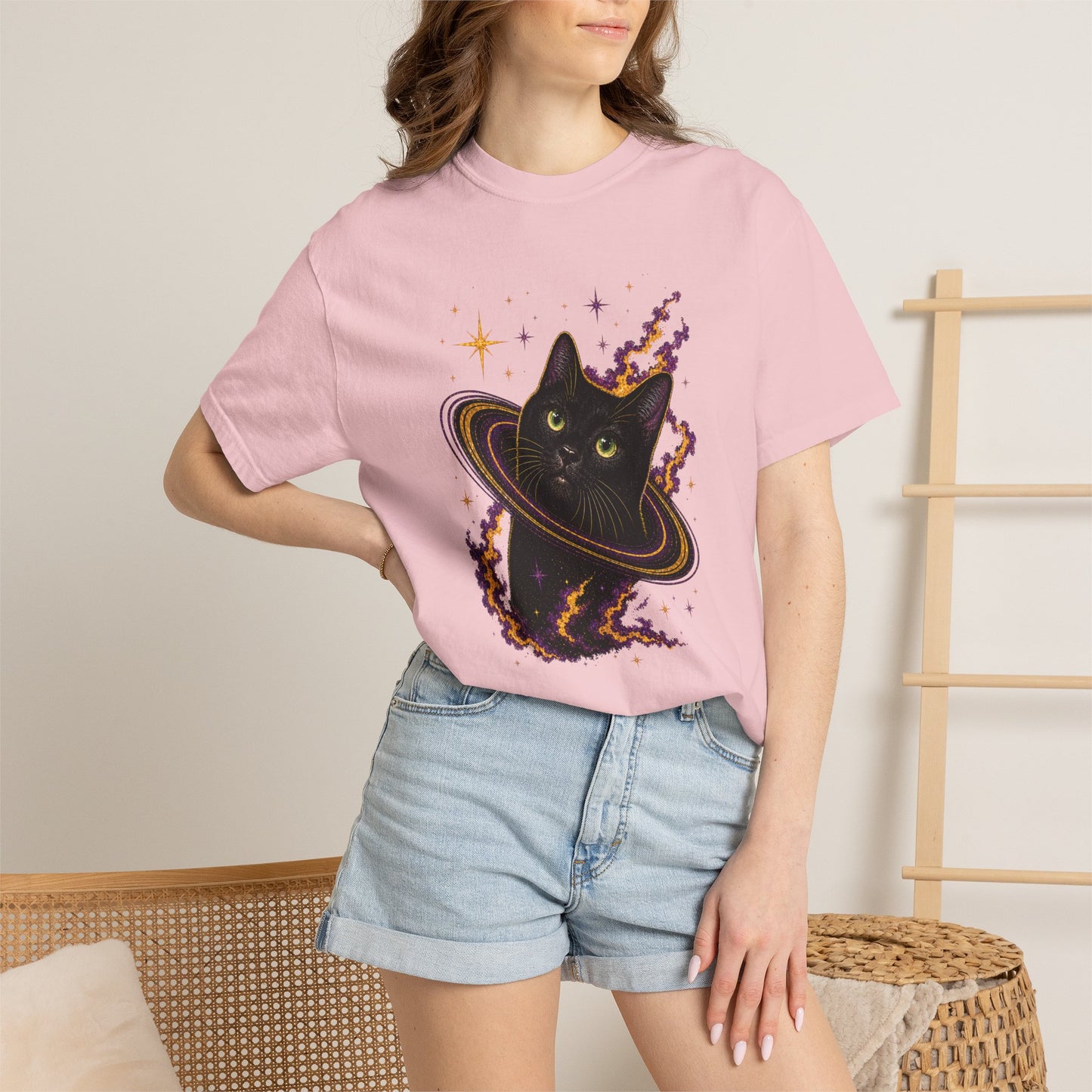 Cosmic Cat T-Shirt — Black Cat Saturn Galaxy Tee