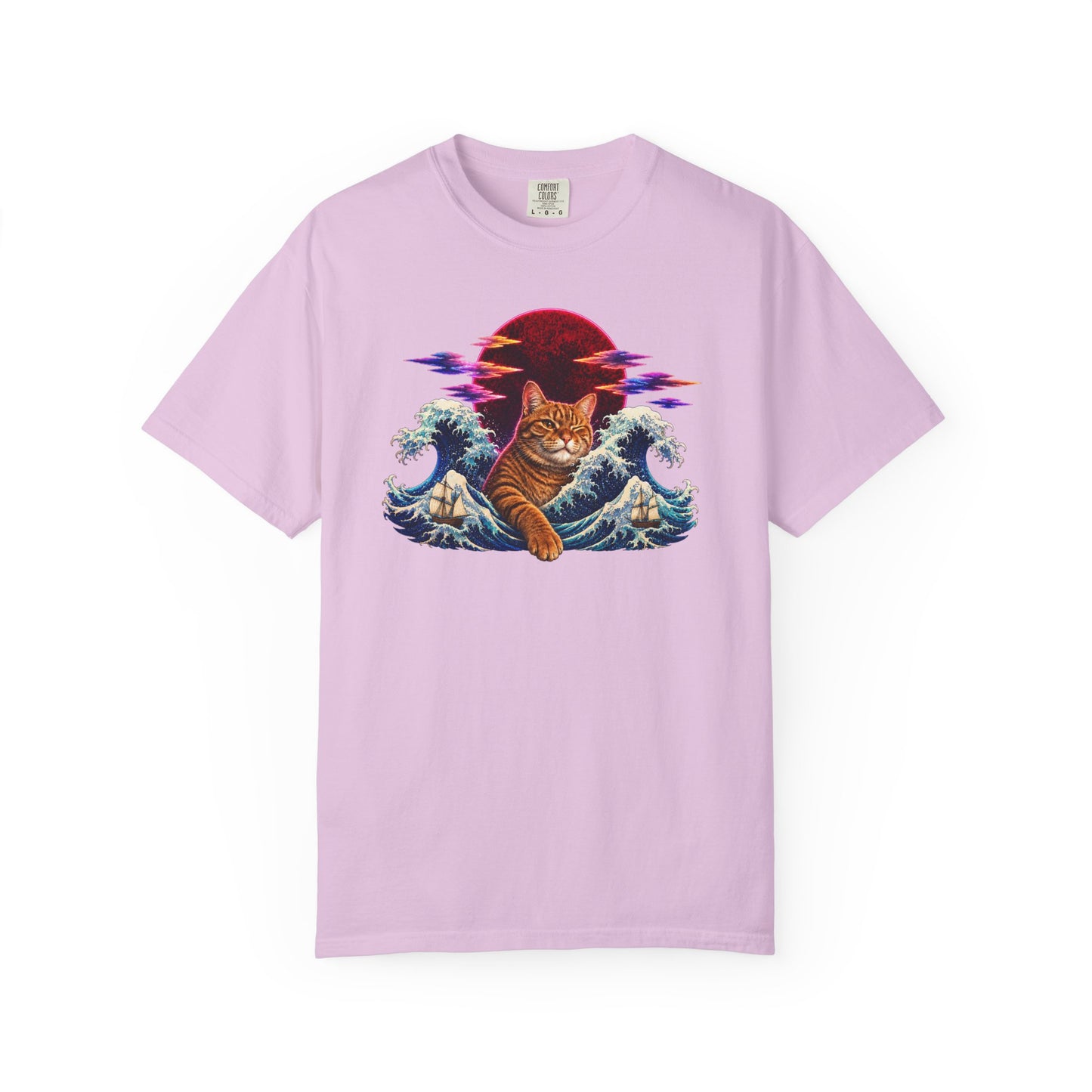 Cat Wave T-Shirt — Ginger Cat Surfing Ocean Waves with Red Sun Graphic