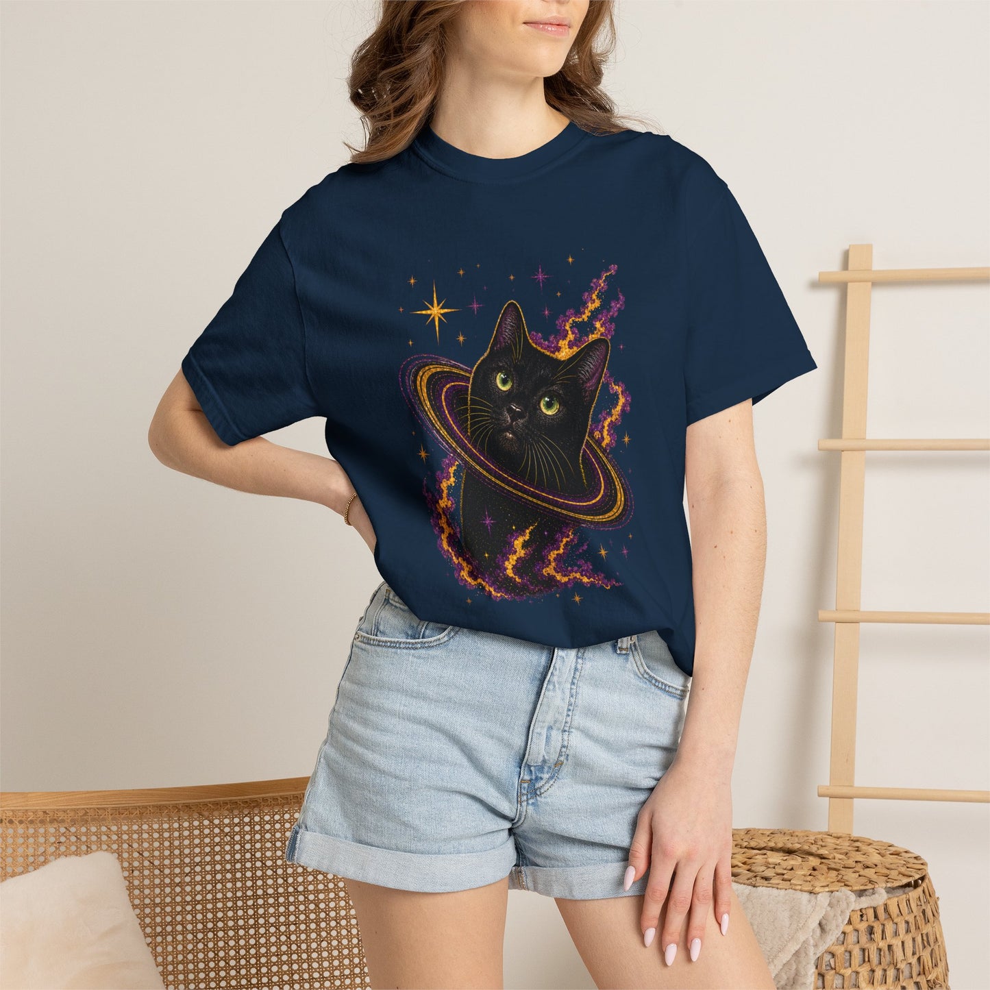 Cosmic Cat T-Shirt — Black Cat Saturn Galaxy Tee