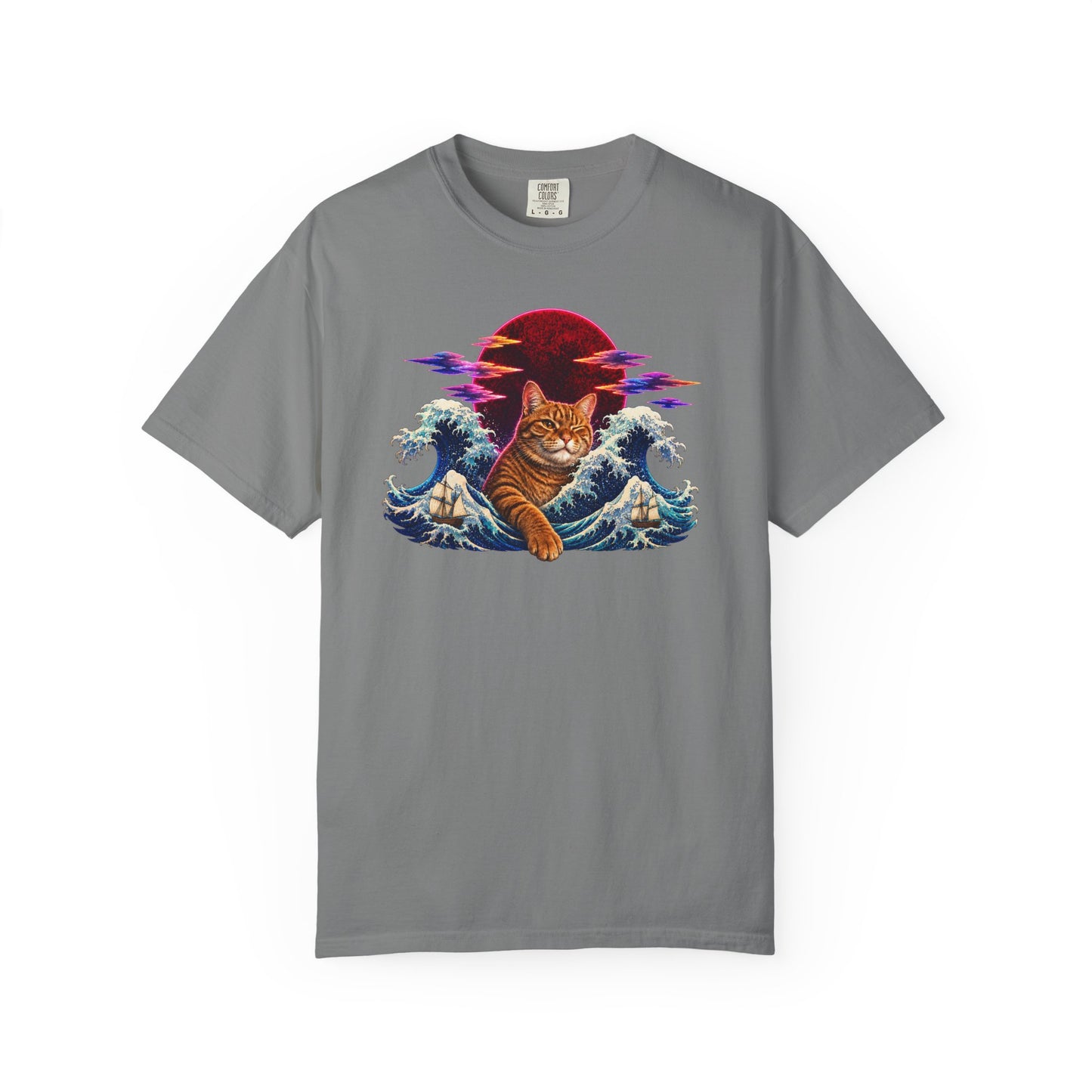 Cat Wave T-Shirt — Ginger Cat Surfing Ocean Waves with Red Sun Graphic