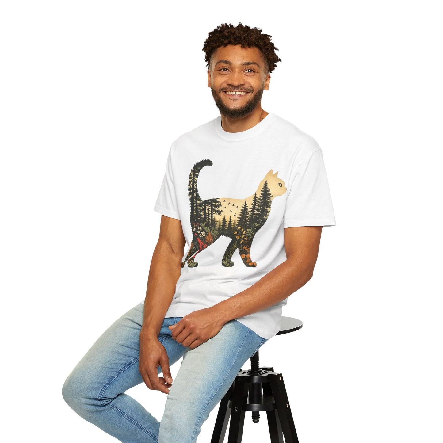 Cat Silhouette Tee — Forest Landscape Double Exposure Shirt