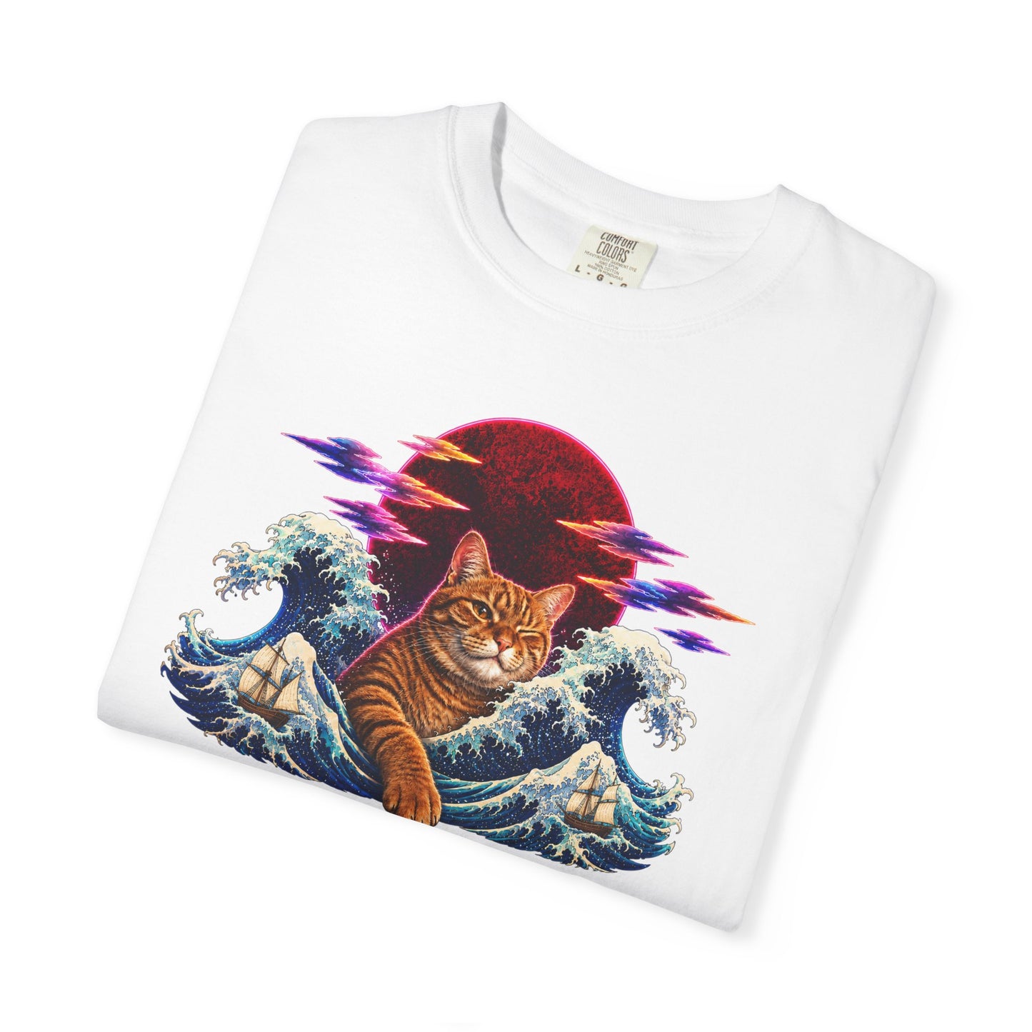 Cat Wave T-Shirt — Ginger Cat Surfing Ocean Waves with Red Sun Graphic
