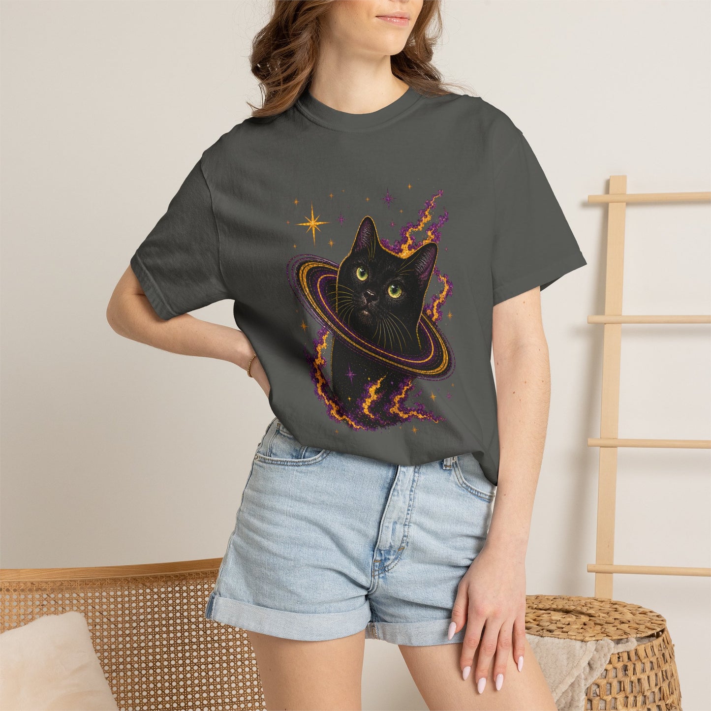 Cosmic Cat T-Shirt — Black Cat Saturn Galaxy Tee